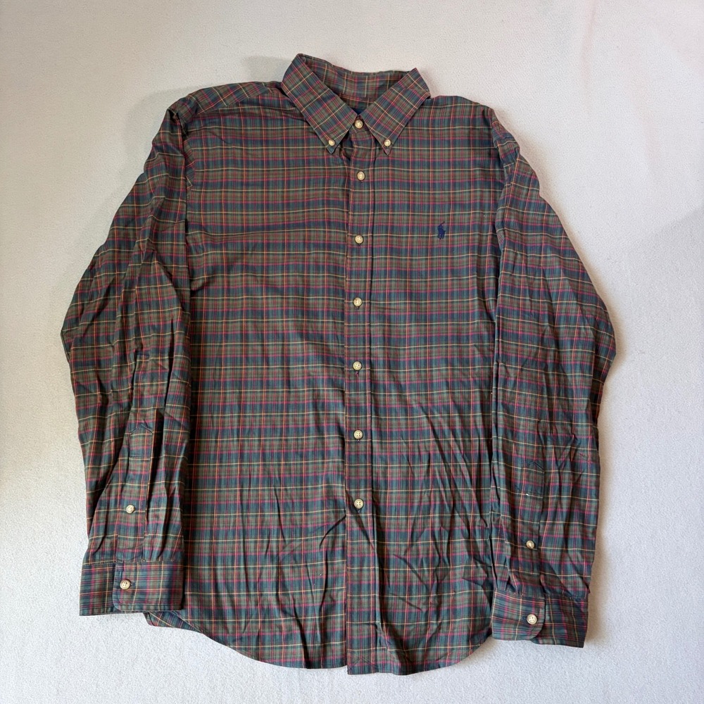 Ralph Lauren Mens XL Plaid Button Down Shirt Green Red Tartan Cotton Long Sleeve
